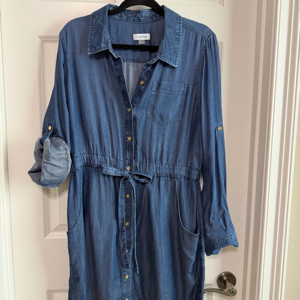 CALVIN KLEIN BLUE VISCOSE DENIM DRAWSTRING WAIST DRESS SIZE 14